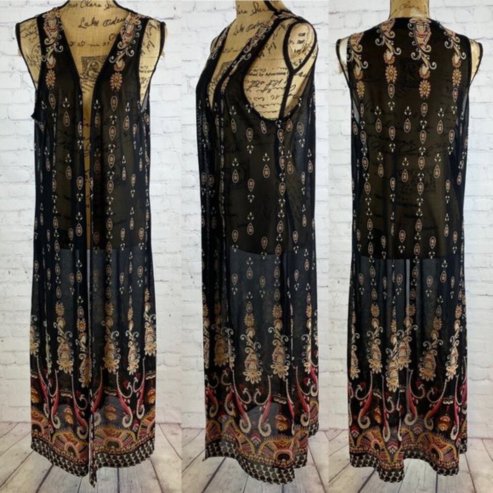 Highness Black Semi Sheer Paisley Print Open Front Long Kimono